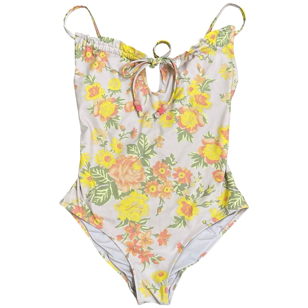 Aerie Floral One Piece Cheeky Swimsuit Women XS Pink Yellow Ruffle Keyhole